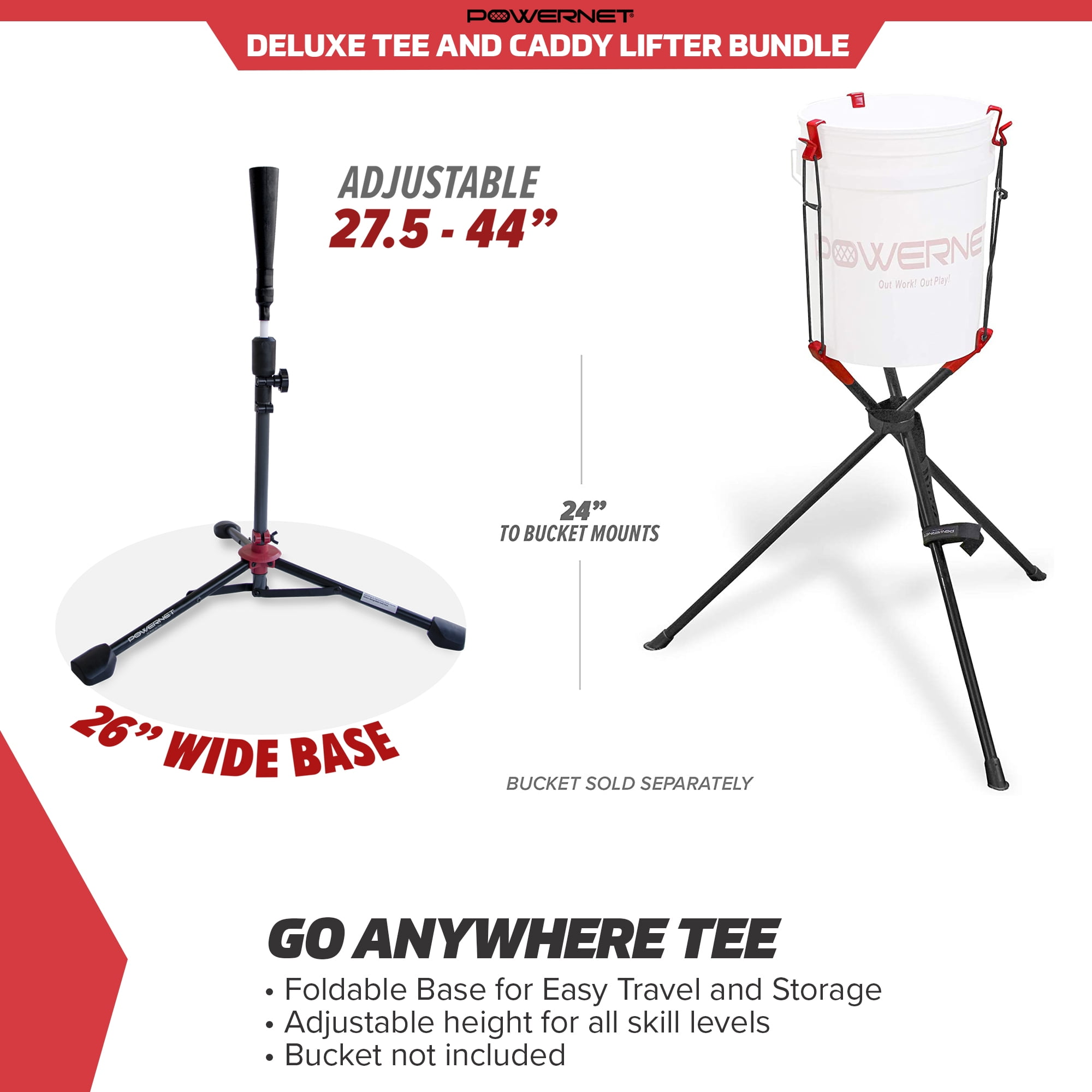 PowerNet Baseball Softball Deluxe (2.5 lbs) Batting Tee + Bucket Caddy Lifter Bundle | Use During Training and Drills | Adjustable Height Tee 27.5" - 44" | Lifter Holds 2-6 Gallon Buckets
