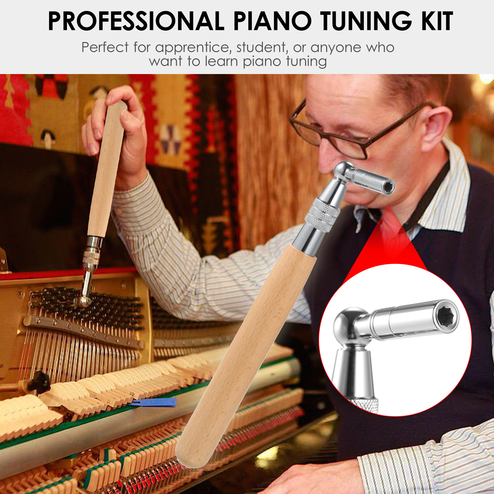 16pcs Piano Tuning Kit Professional Tuning Tools Set Tuning Wrench Long Handle Tuning Wrench Rubber Mutes Screwdriver Tweezers Hammer Temperament Felt Strip Fork for Piano Tuner with Bag