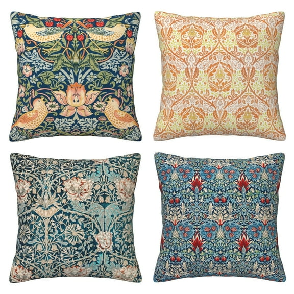 William Morris Pillow Covers 18x18 Inch Set of 4 The Strawberry Thieves Golden Bough Design Art Pillow Cases Square Decorative Cushion Covers for Sofa Couch