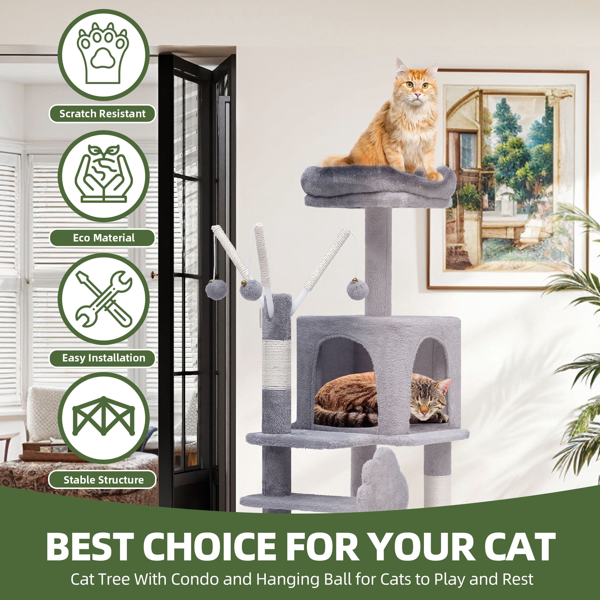 Uforic 44" Cat Tree Tower with Scratch Posts, Condo, Hammock & Toys, Light Gray