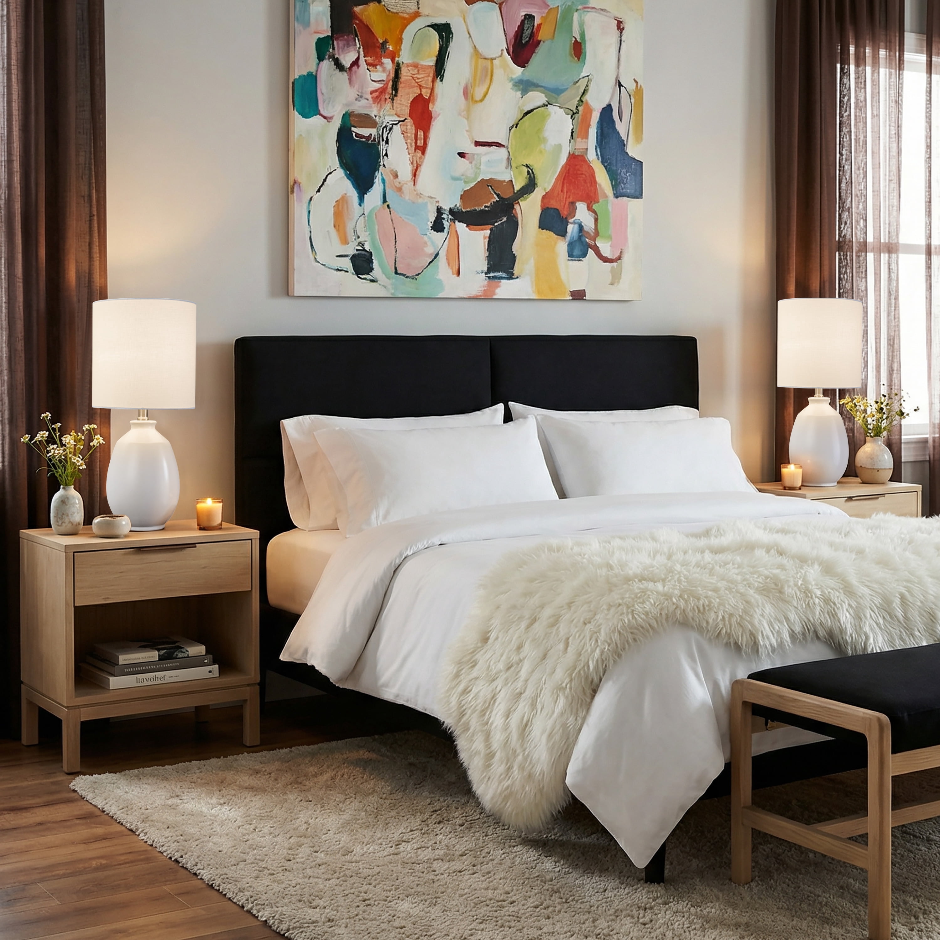 C Cattleya 19in. White Glossy Ceramic Table Lamp with White Linen Shade and Brushed Nickel Lamp Neck