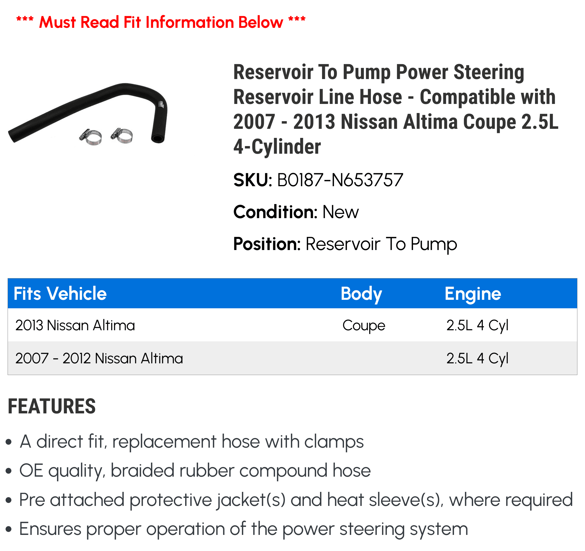 Reservoir To Pump Power Steering Reservoir Line Hose - Compatible with 2007 - 2013 Nissan Altima Coupe 2.5L 4-Cylinder 2008 2009 2010 2011 2012