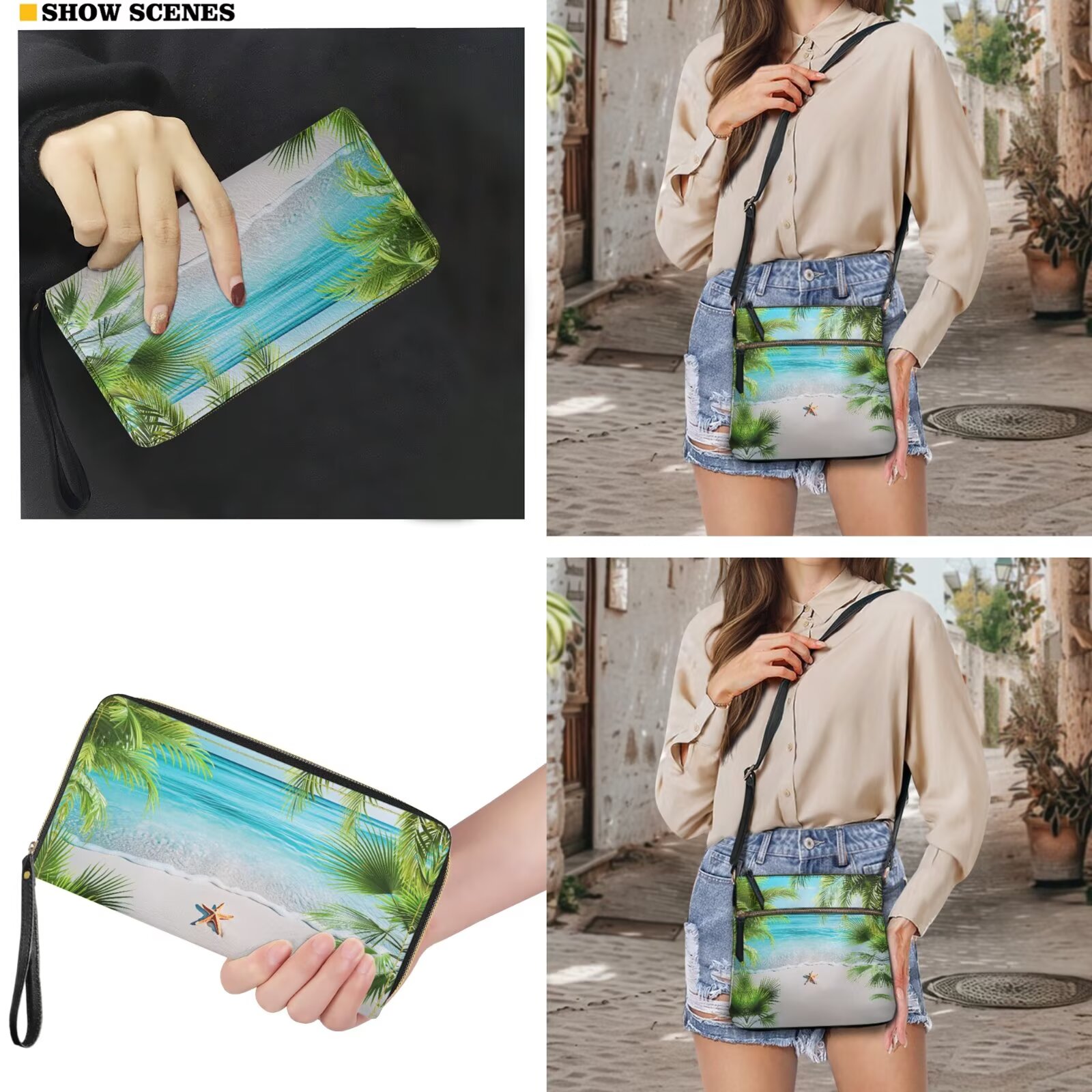 ZUXONGSY Beach Sea Starfish Palm Tree Print Women's PU Leather Crossbody Hobo Bag and Wallet Set, Adjustable Strap, Lightweight, Large Satchel for Travel & Work