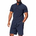 thumbnail image 5 of RUTAYY Men's Outfits Solid Color Short Sleeve Turndown Collar Tee Shorts with Pocket Everyday Wear Outdoor Activities Comfortable Travel Vacation Clothing Sets, 5 of 9