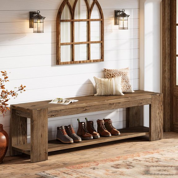 Tribesigns Solid Wood Entryway Bench with Storage Shelf, 55.12-inch 2-Tier Wood Shoe Bench Seating for Entrance, Hallway, Rustic Brown