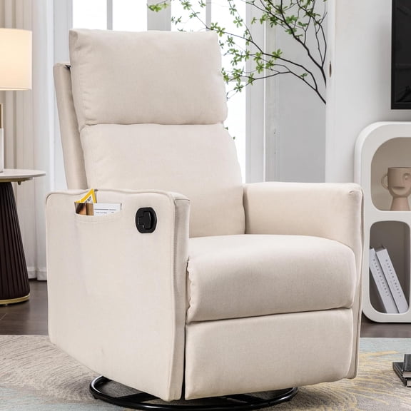 BISHE Swivel Rocking Chair Glider Recliner, Cotton Linen Upholstery with Adjustable Back & Footrest for Living Room, Nursery, Bedroom, Indoor Spaces, Beige