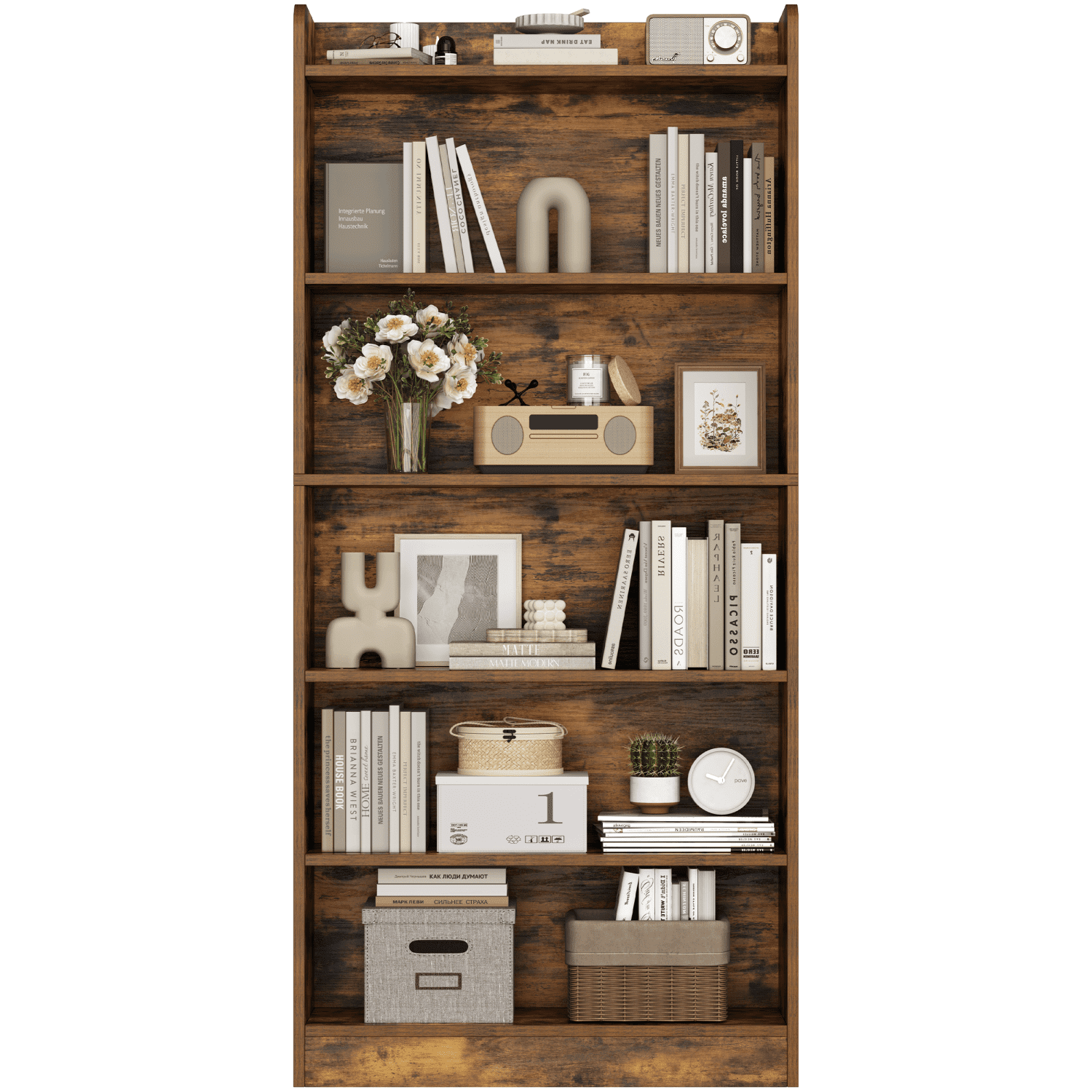 Renwick 6-Tier Open Shelf Bookcase with Top Open Compartment, Rustic Brown