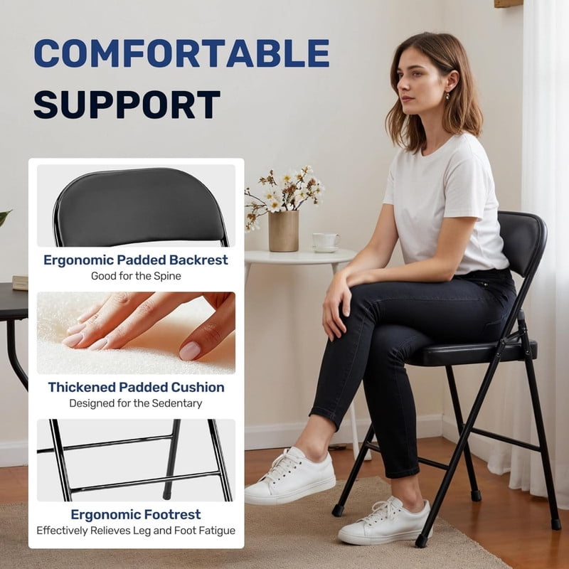 Kelno 2 Pack Folding Chair Leather Padded Seat Portable Chair, Black