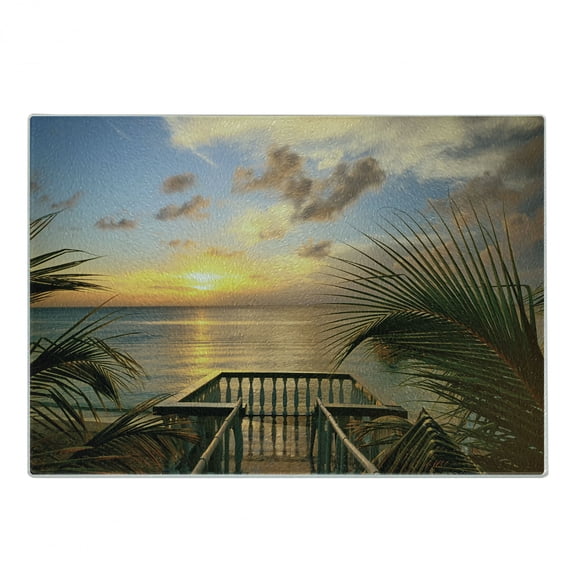 Ocean Cutting Board, Mediterranean Horizon Seascape from Wooden Terrace Balcony Fences Holiday Life Photo, Decorative Tempered Glass Cutting and Serving Board, Small Size, Multicolor, by Ambesonne