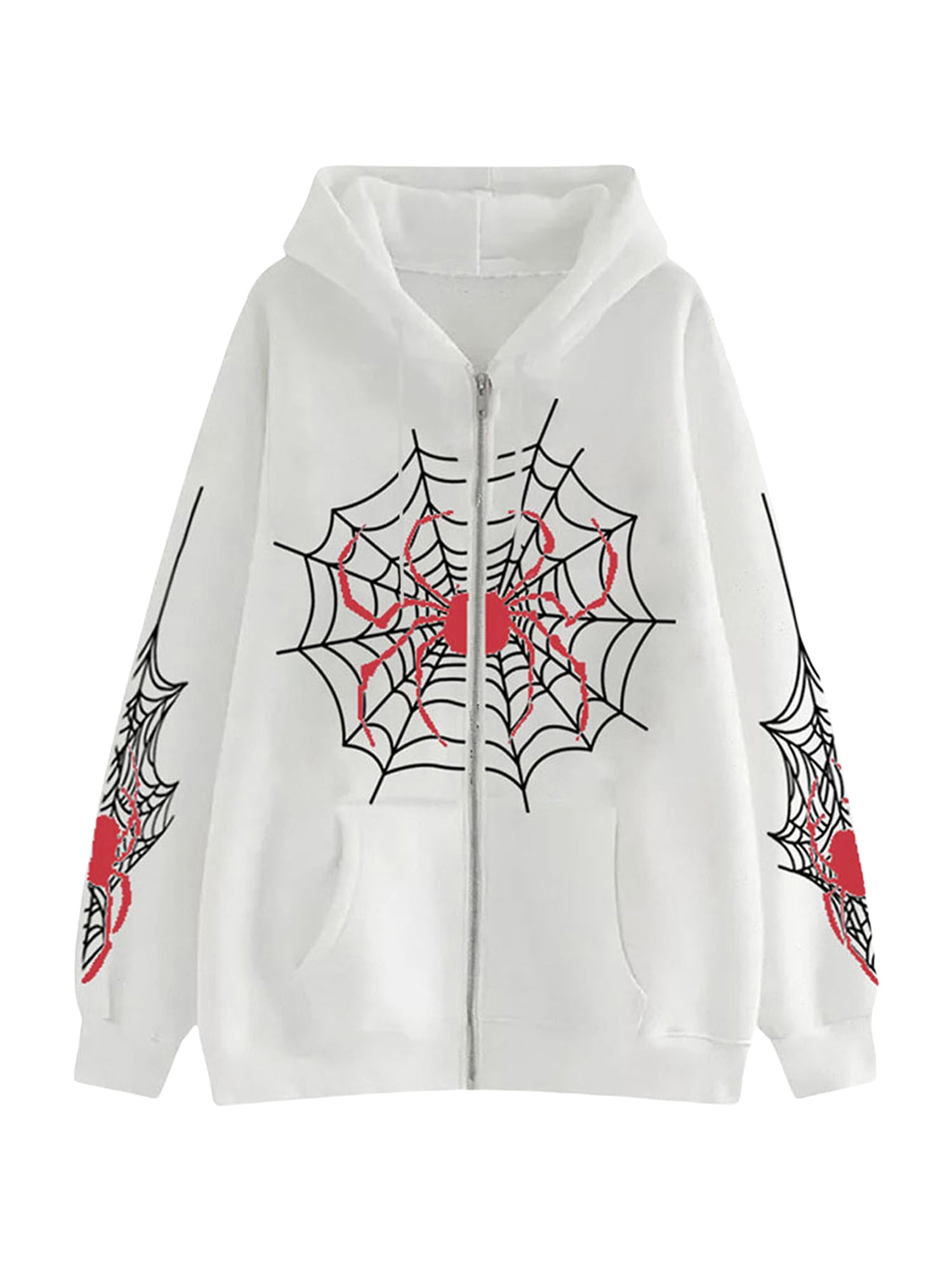 Y2K Women's Spider Web Print Zip Up Hoodie Sweatshirt Jacket