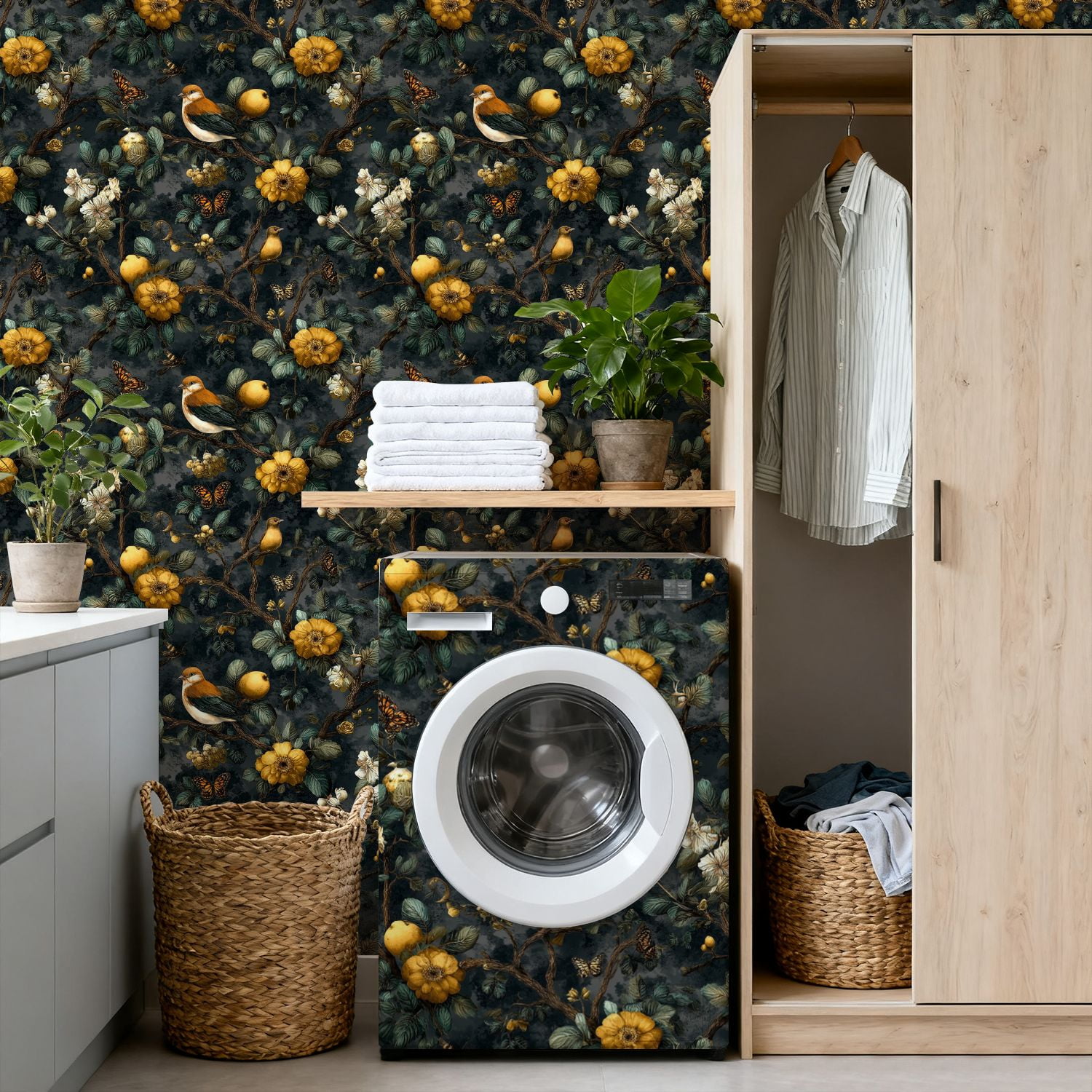 Peel and Stick Wallpaper 17.7in x 9.8ft Vintage Botanical Birds Butterflies Golden Flowers Dark Contact Paper Vinyl Self-Adhesive Removable Wall Paper for Bedroom DIY Home Decor Renter Friendly