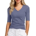thumbnail image 5 of KHONTS Women's Half Sleeve V Neck T Shirts Mid Elbow Length Sleeve Shirts Slim Fit Tunic Tops Casual Summer Tees Navy XL, 5 of 5