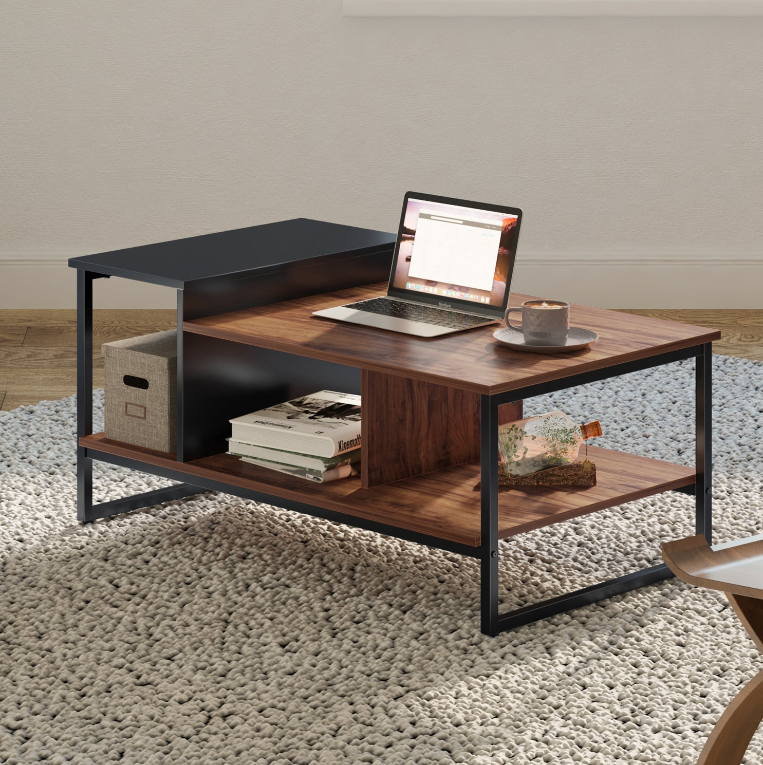 FITUEYES Industrial Wood and Metal with Shelves Coffee Table, Walnut/Black