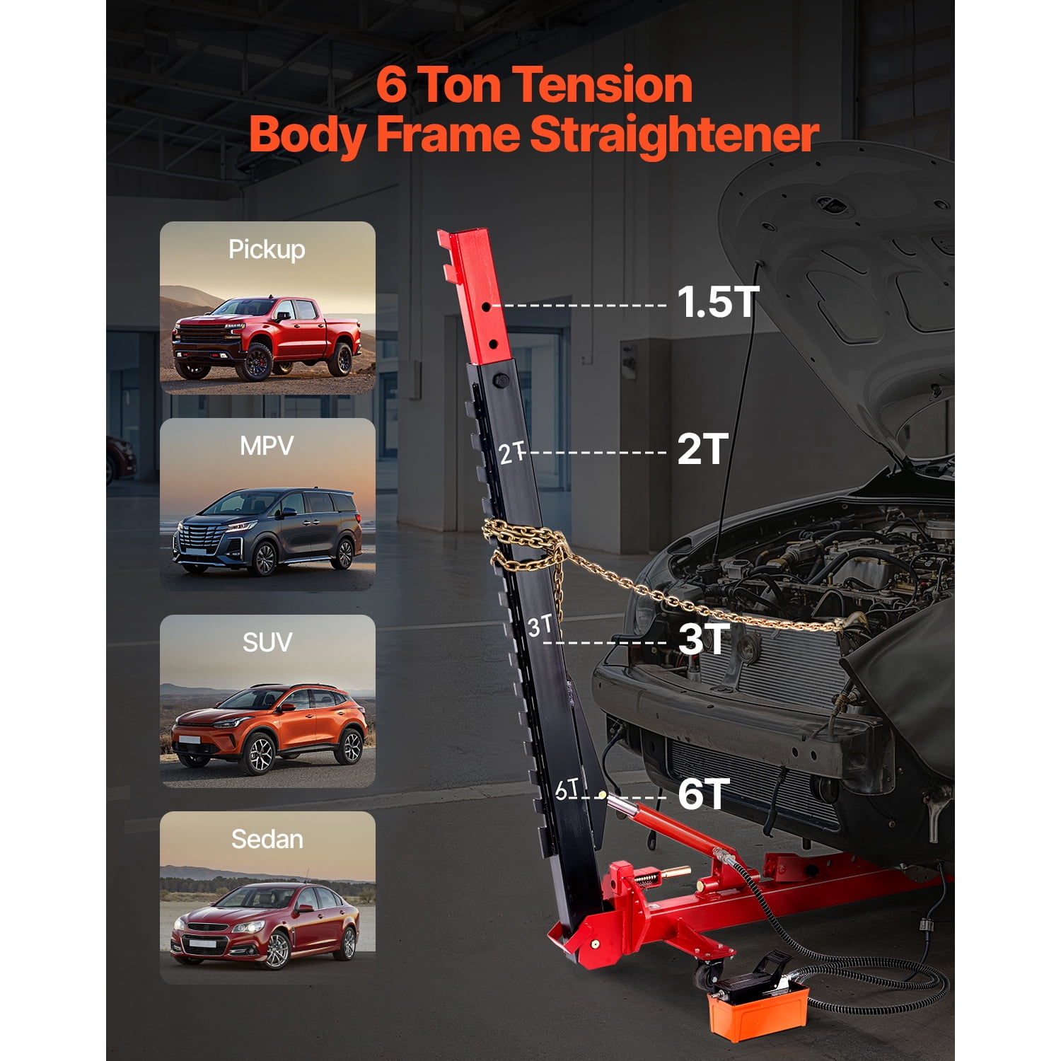 KFFKFF Auto Body Frame Puller Straightener, 6T Tension Car Body Repair Equipment with Hydraulic Foot Pump & Swivel Post, Includes 16 Tools for Car Body Repair