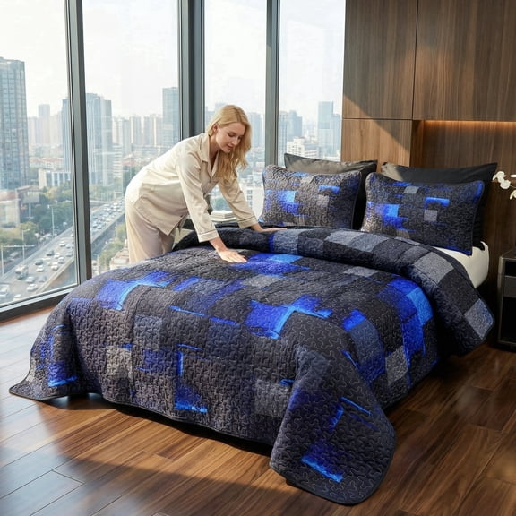2/3-Piece Quilted Bed Cover Set(1 Quilt, 1/2 Pillow Shams), Elegant Blue & Black Embossed Bedspread, Lightweight All Season Reversible Coverlet with Pillowcases, Soft & Durable for Bedroom Decor