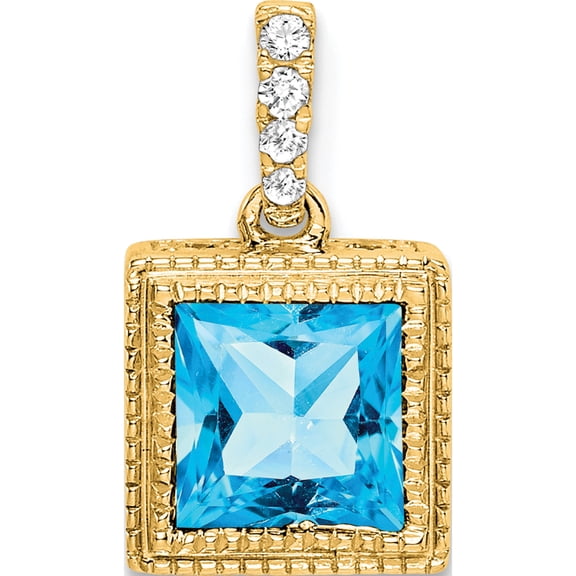 14K Yellow Gold Square Blue Topaz And Diamond Pendant (Width 8.3) (Length 14.2) - Jbsp