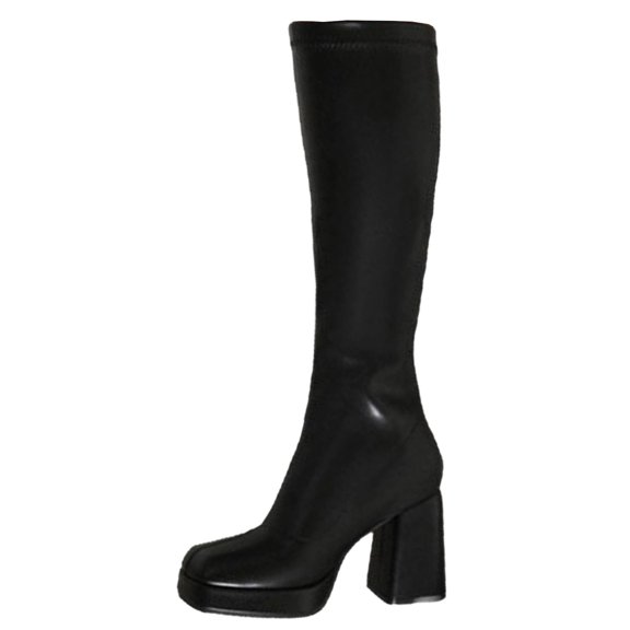 hopeusnice Women Knee High Stretch Boots With Square Toe Sole Chunky Heel Pull On Design For Fashion And Daily Wear Black 36