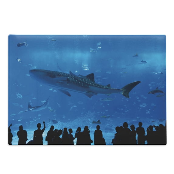 Shark Cutting Board, Japanese Aquarium Park with People Silhouettes Watching Underwater Life Hobby Image, Decorative Tempered Glass Cutting and Serving Board, Large Size, Blue Black, by Ambesonne