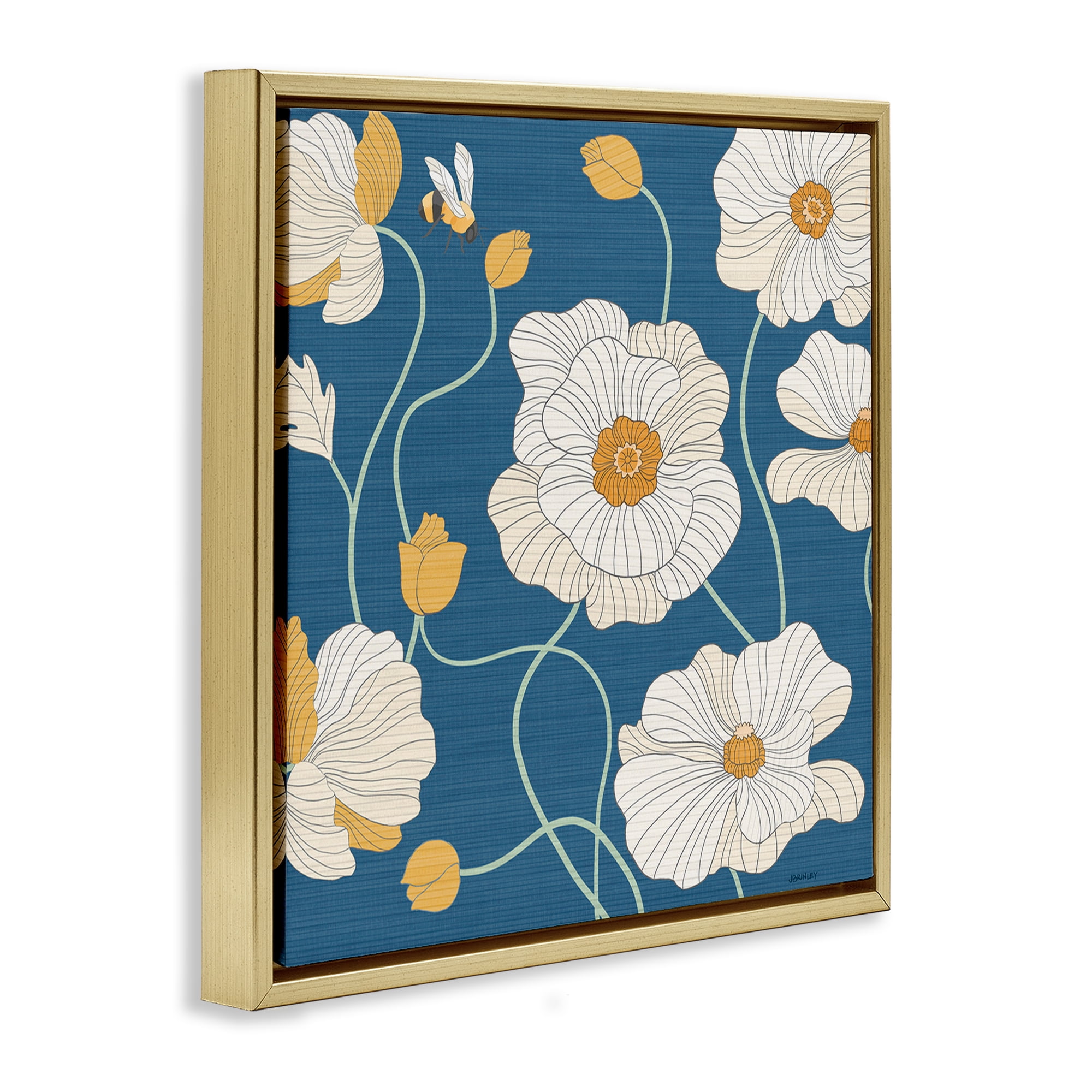 Stupell Industries Bee & White Poppies Plants & Flowers Painting Gold Floater Framed Canvas Art Print Wall Art, 25 x 25