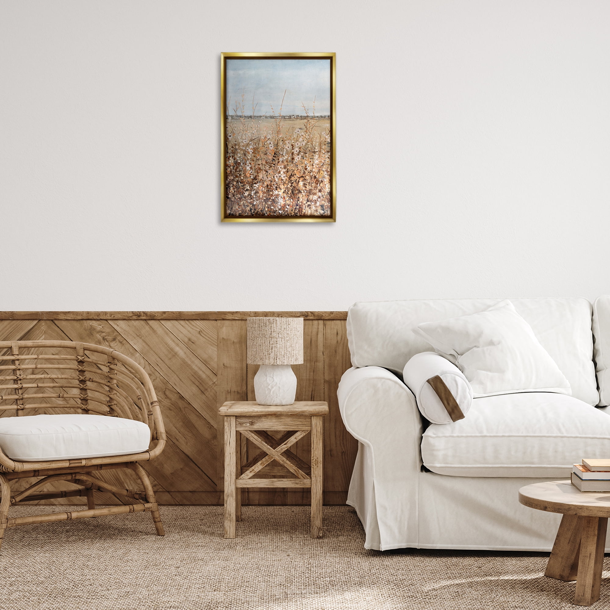 Stupell Industries Neutral Meadow Sprigs Landscape & Nature Painting Gold Floater Framed Canvas Art Print Wall Art, 17 x 25