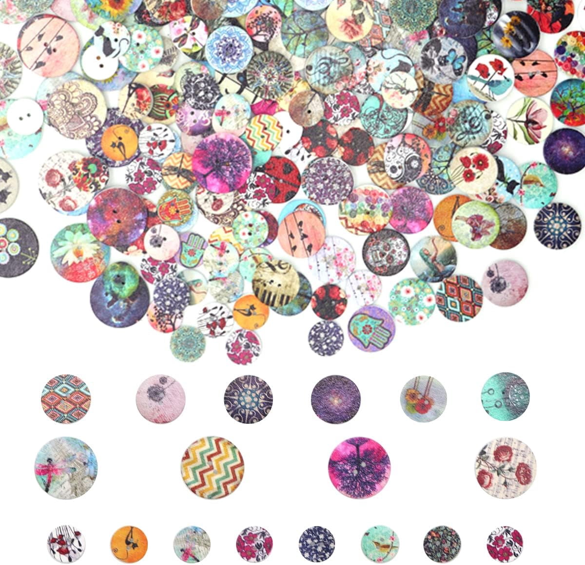 CATPAN 400 Pcs Wooden Buttons,Many Styles Decorative Sewing Button,Buttons for Crafts,2 Holes Round Decorative Painted Wood Buttons,Cute Buttons,3D Buttons for DIY Sewing(20mm,15mm,25mm)