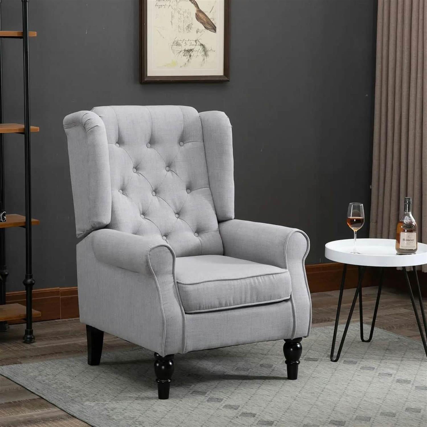 Demi Bonn 40" Modern Upholstered Armchair with High Back Button Tufted, Mid-Century Retro Wood Leg Chair for Living Room, Bedroom, Gray