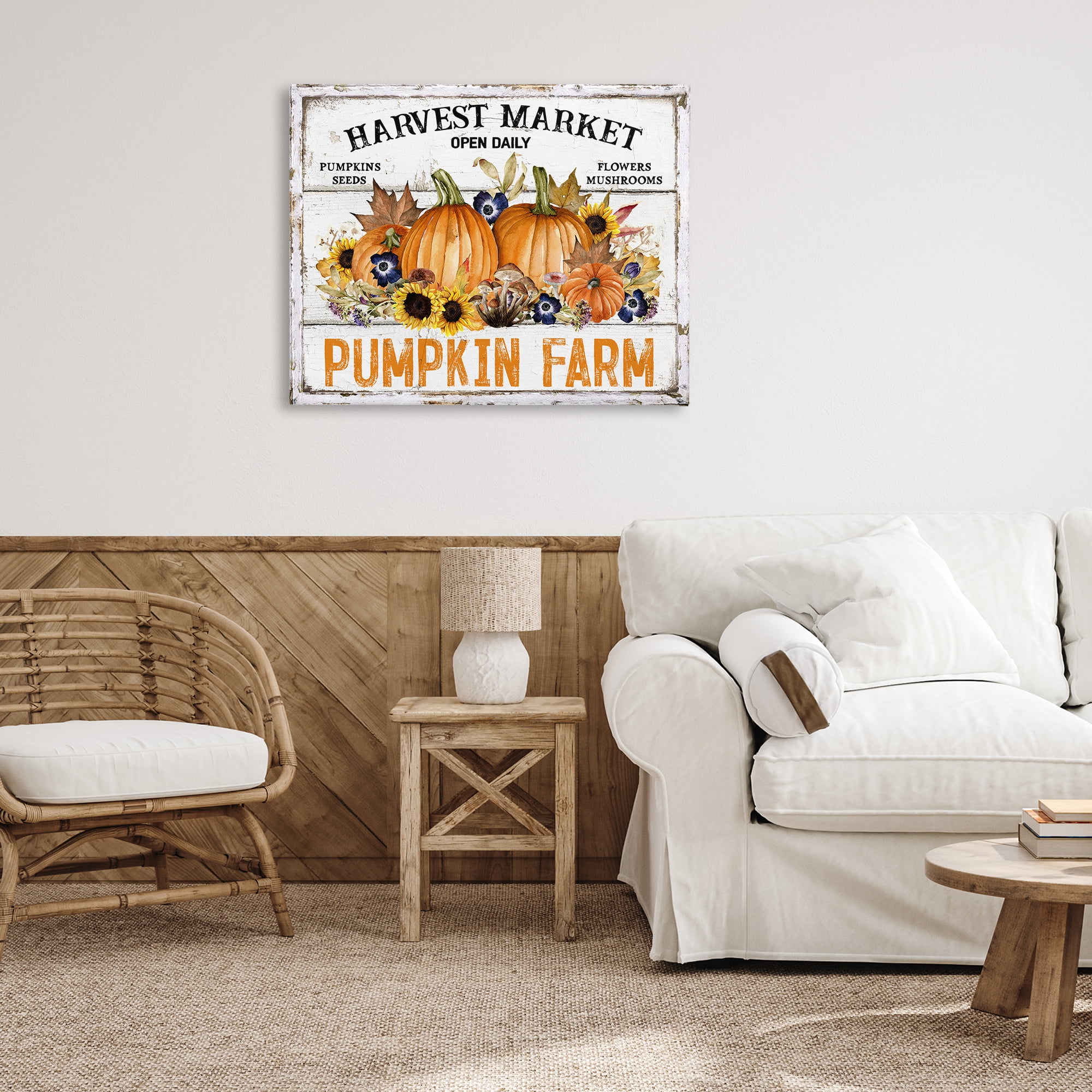Stupell Industries Pumpkin Farm with Sunflowers Holiday Painting Gallery Wrapped Canvas Art Prints Wall Art, 40 x 30