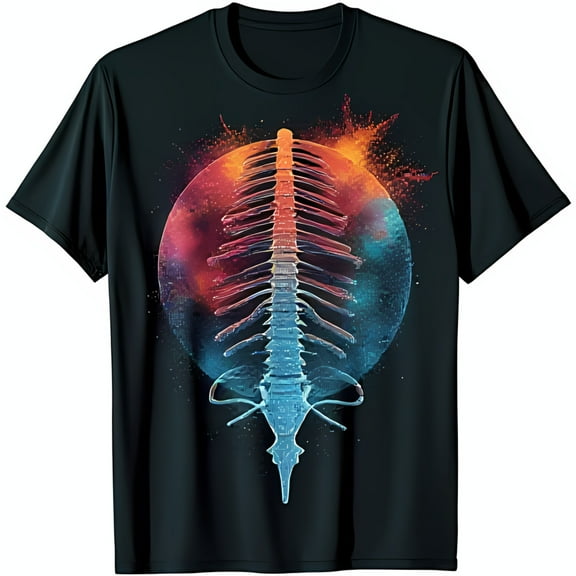Colorful Abstract Spine Graphic Black T-Shirt Unique Human Body Design