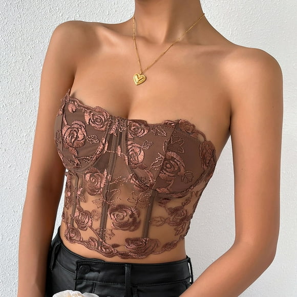 iTNHFP Tank Top Women Coldker Womens Corset Crop Top Embroidery Flower See Through Off Shoulder Tank Tops Vintage Fairy Cut Out Graphic