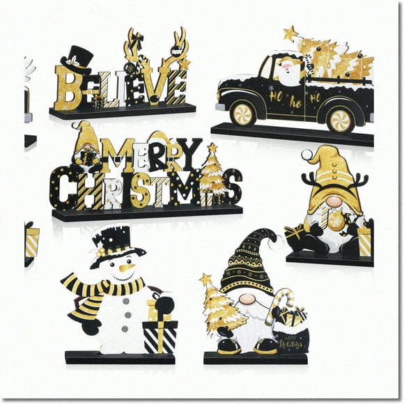 Enchanting Holiday Magic : Ensemble de Décoration de Table en Bois 6 Pcs - Xmas Snowman, Claus, Gnome - Décorations de Table Joyeux Noël en Noir et Or - Fournitures de Fête Parfaites!