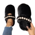 thumbnail image 3 of EKVAHL Women's Faux Fuzzy House Slippers, Pearl Strap Open Toe Slides, Soft Plush Bedroom Home Daily Leisure Indoor Casual Slippers Black, 3 of 5