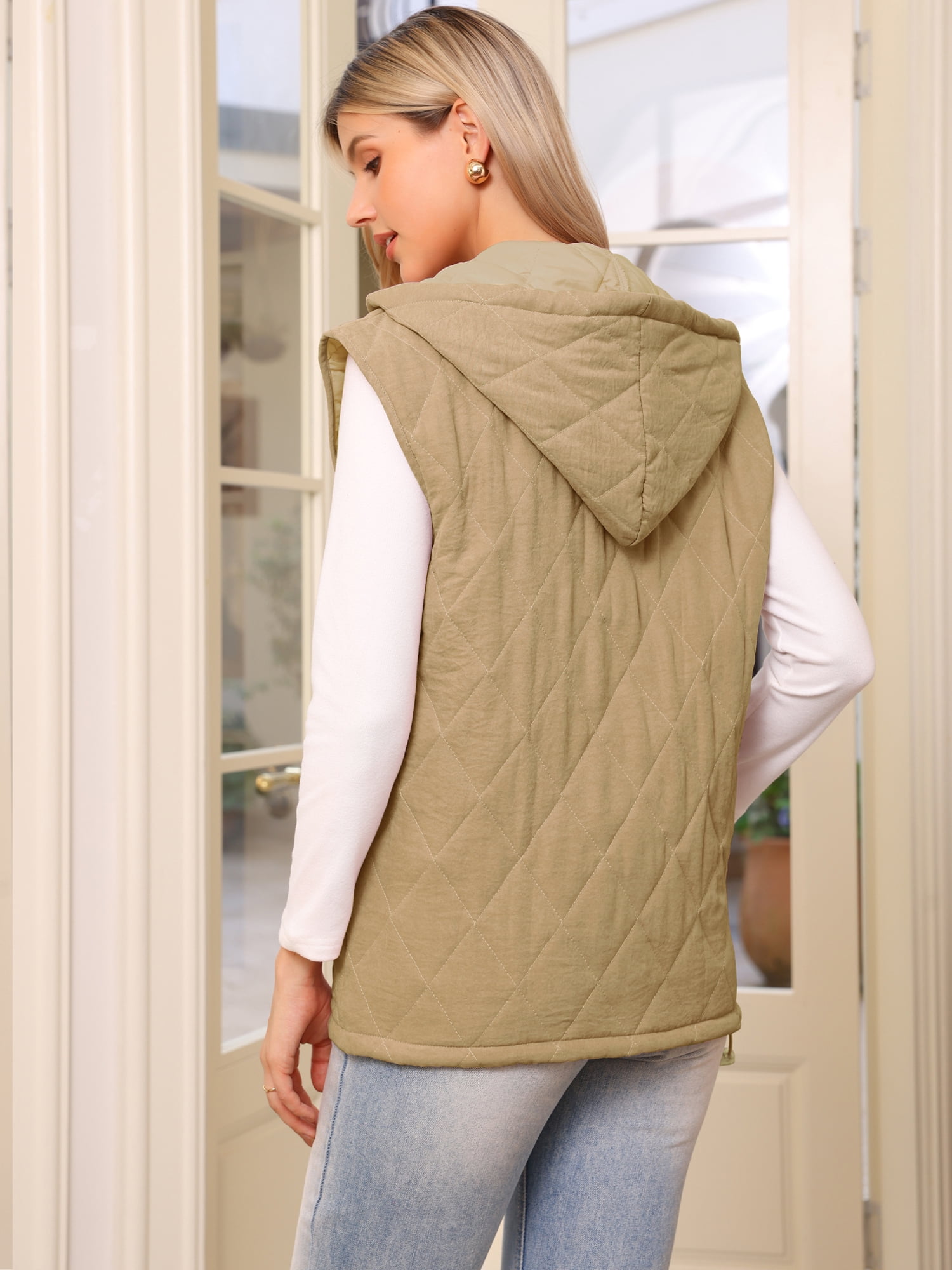 DARING DIVA Women's Puffer Quilted Vest Sleeveless Winter Gilet Zipper Jacket XS Khaki