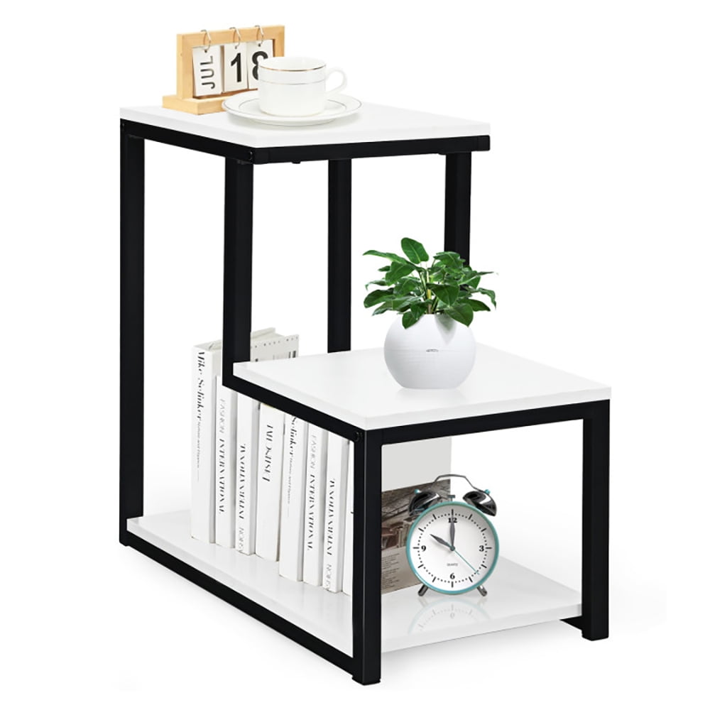 Finihen End Side Table, 3-Tier Ladder-Shaped Chair Side Table with Storage Shelf, Sofa Couch Table, for Small Spaces, Living Room, Bedroom, White