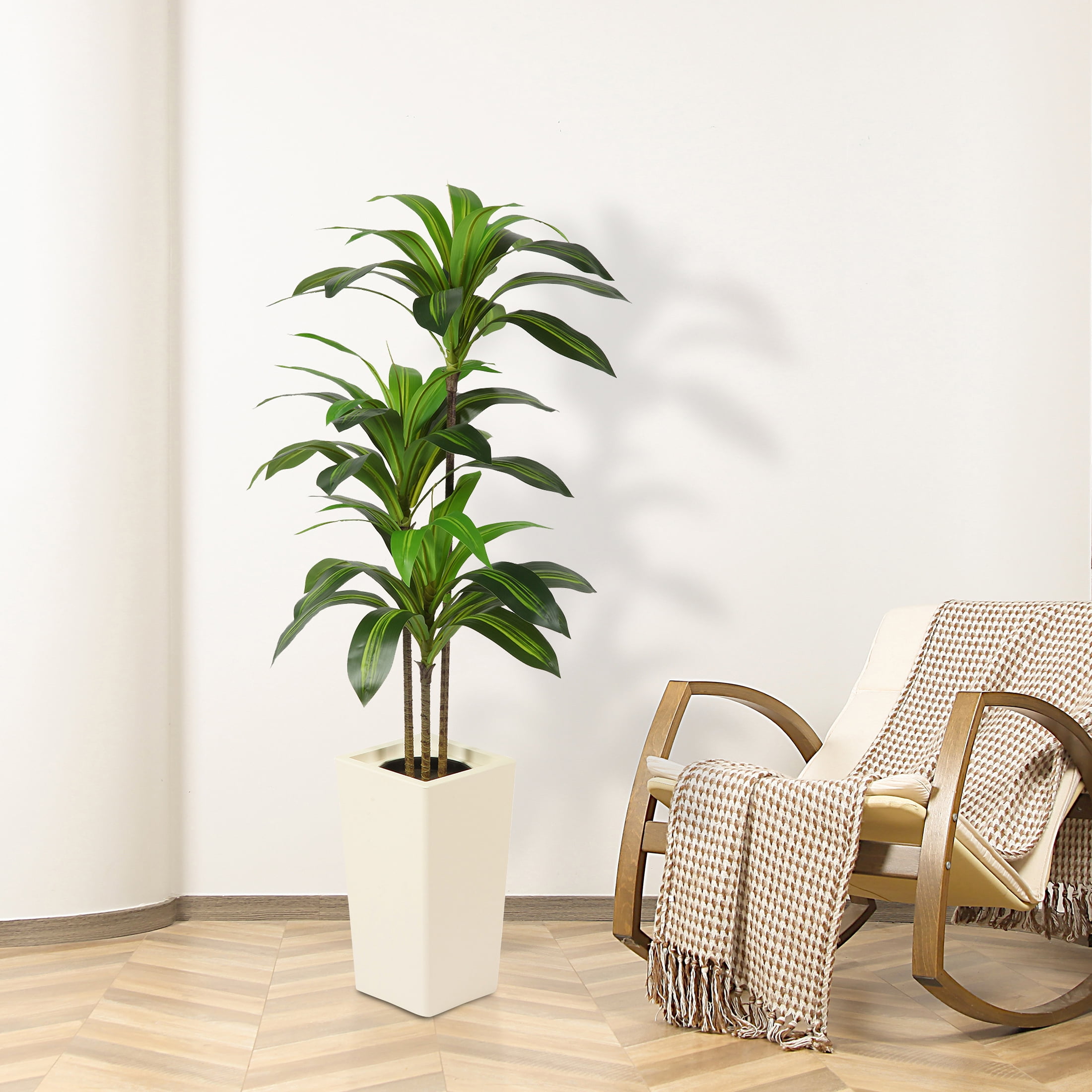 HiPlants 5 FT Artificial Dracaena Plant， Faux Dracaena Tree in White Taper Planter with River Rock, Tall Fake Trees with Adjustable Branches for Indoor Home Decor, Office, Pet-Friendly Spaces