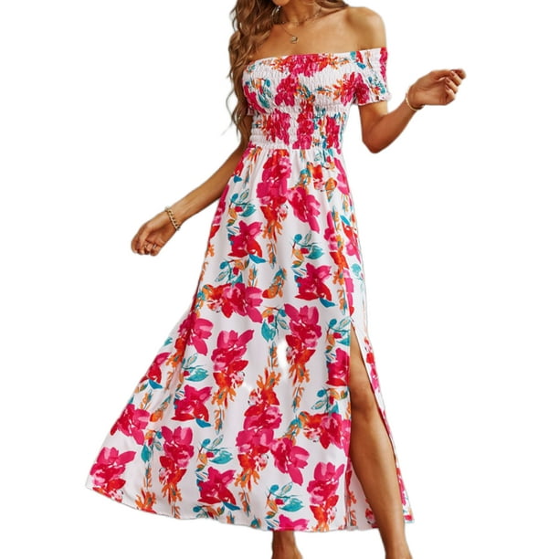 Frontwalk Women Hawaiian Floral Split Maxi Dress Off Shoulder Long