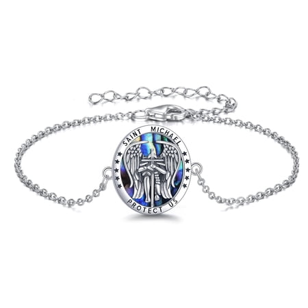 YAFEINI St Michael Bracelet for Women Men Inlaid with Abalone Shell Catholic Protection Religious Jewelry for Family Friends 7"+2" Chain with Gift Box (Oval)