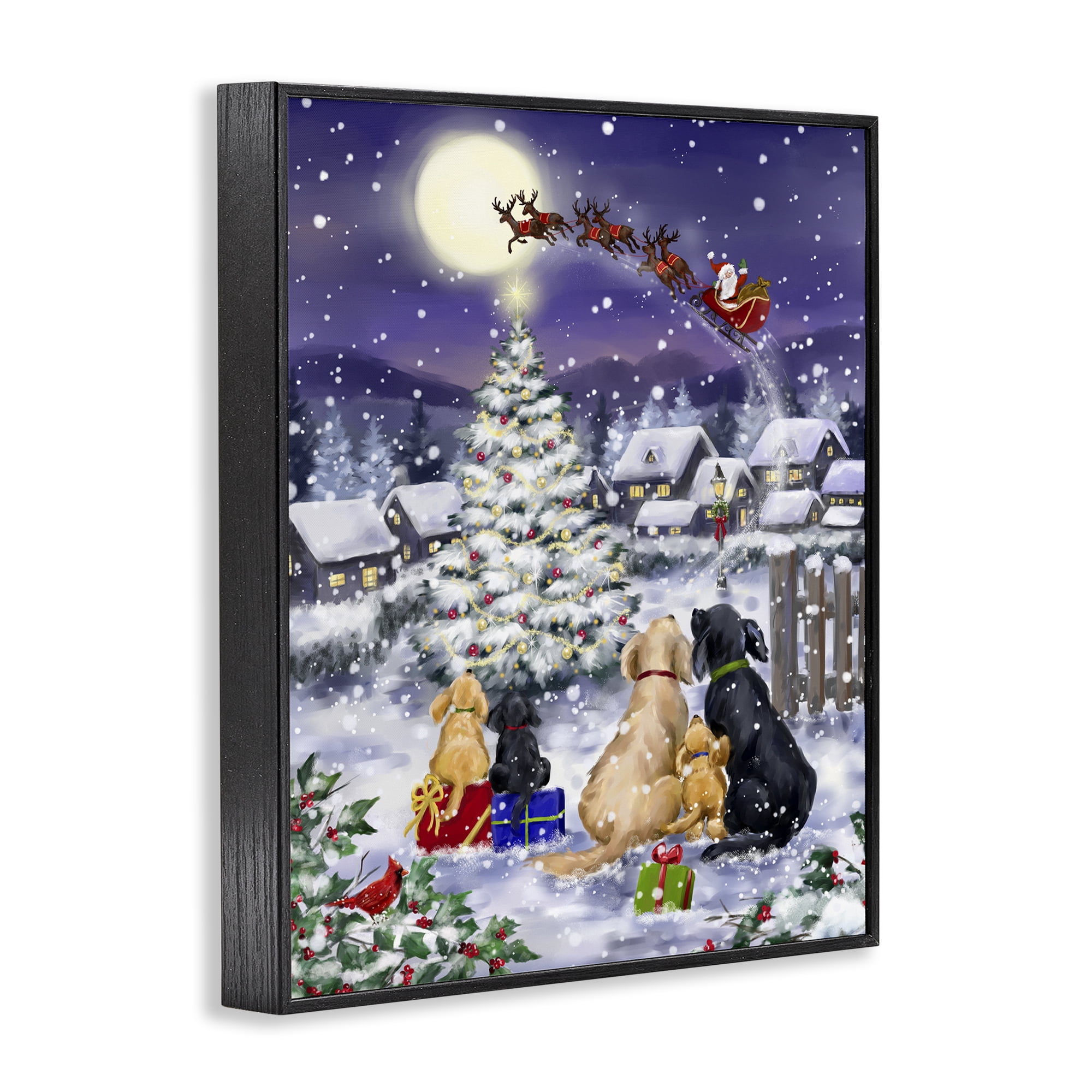 Stupell Industries Santa Over Snowy Dogs Holiday Painting Black Framed Art Prints Wall Art, 16 x 20