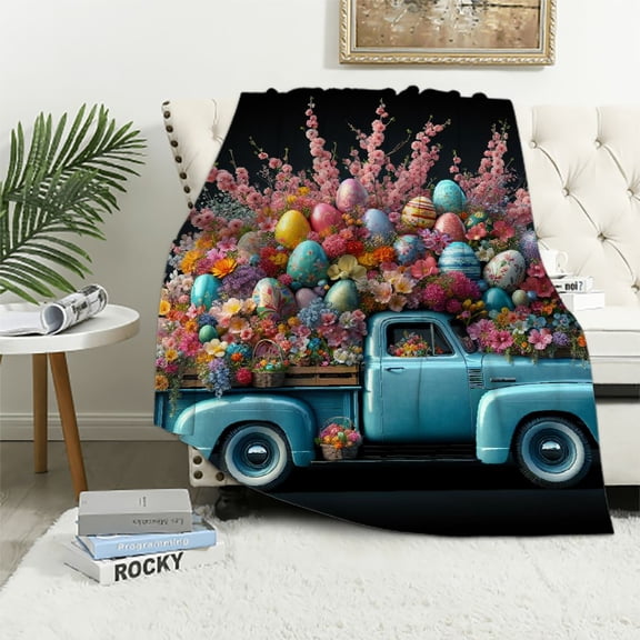 JRXY Flannel Fleece Blanket Easter Egg Truck, Spring Floral Pink Cherry Aesthetic White
