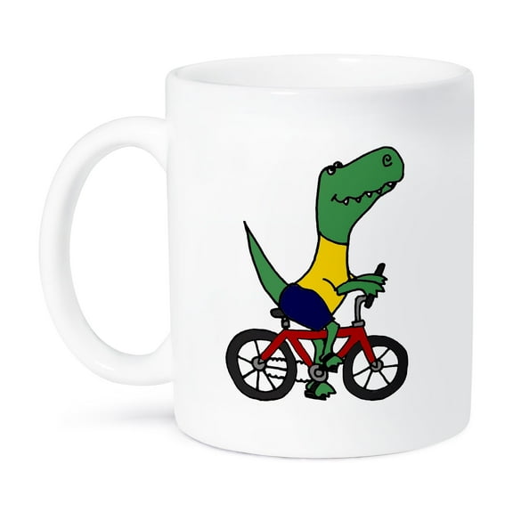 3dRose, Funny Green T-rex Dinosaur Riding Red Bike, 15oz Mug