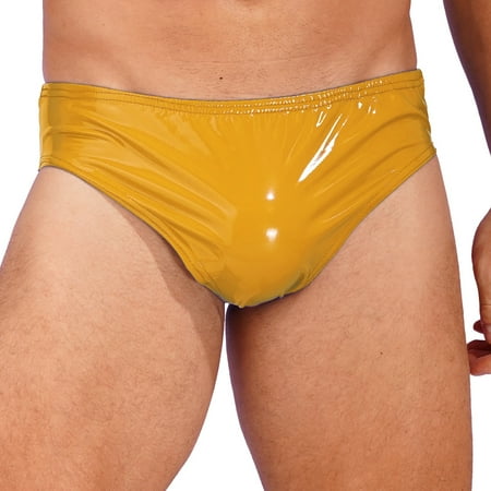YONGHS Men Shiny Faux Leather Briefs Lingerie Low Rise Bulge Pouch Panties Underwear Yellow XL