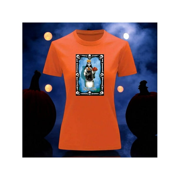 Playera Blusa Con Impresion De Doña Ines De Loteria Dia De Muertos Tradicion Mexicana Color Anaranjado Talla Chica Marca Emil SaEs
