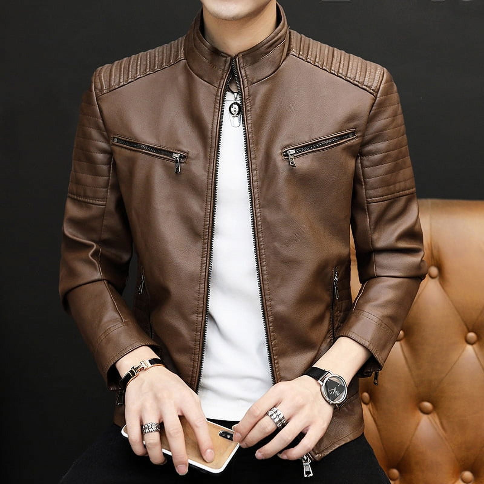 公式【1JINN STUDIO】Slim Stand Collar Leather Jacket Men's leather jacket spring and autumn stand collar leather