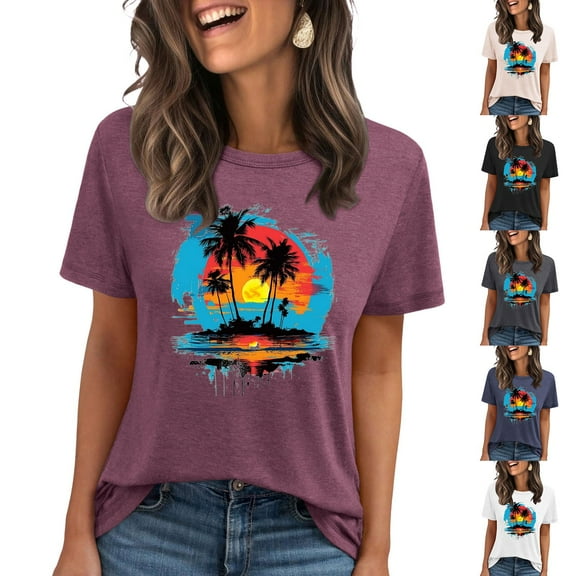Pxxlle Summer Casual T Shirts for Women Fashion Hawaii Graphic Tees Loose Fit Short Sleeve Crewneck Beach Vacation Tshirts (Gray S)