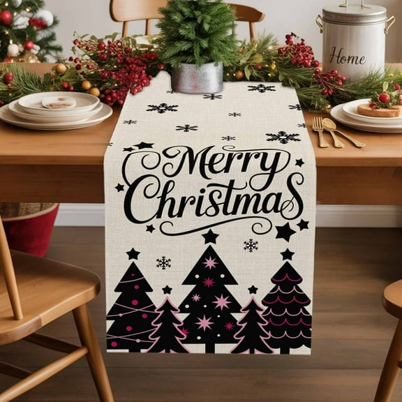 Vintage Christmas Trees Table Runner 13x90in Non-Slip Cotton Linen Table Runners, Winter Snowflakes on Linen Dresser Scarves TableRunner for Dinner Kitchen Dining Wedding Party