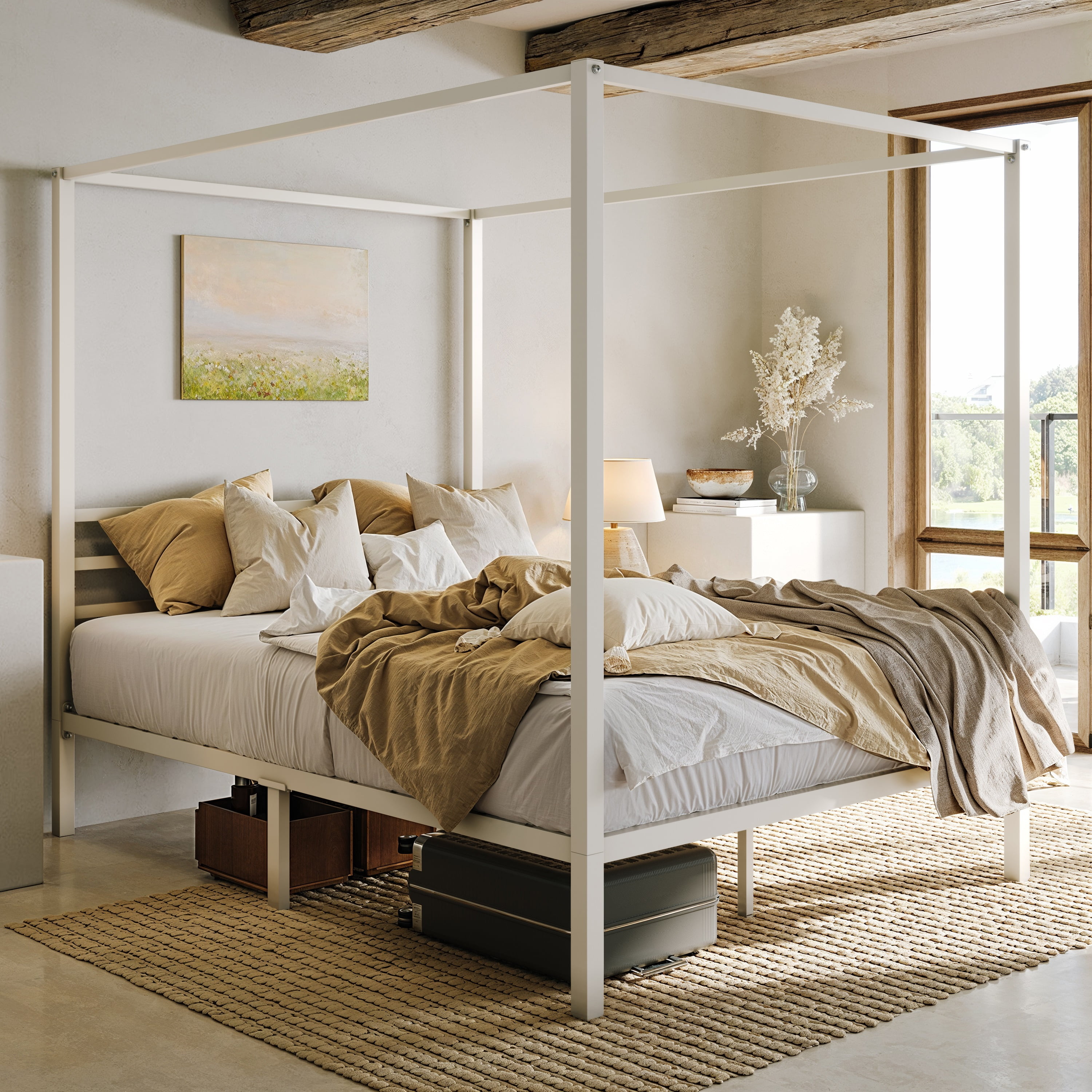 Einfach Full Size Canopy Bed Frame with Metal Headboard, No Box Spring Needed, White