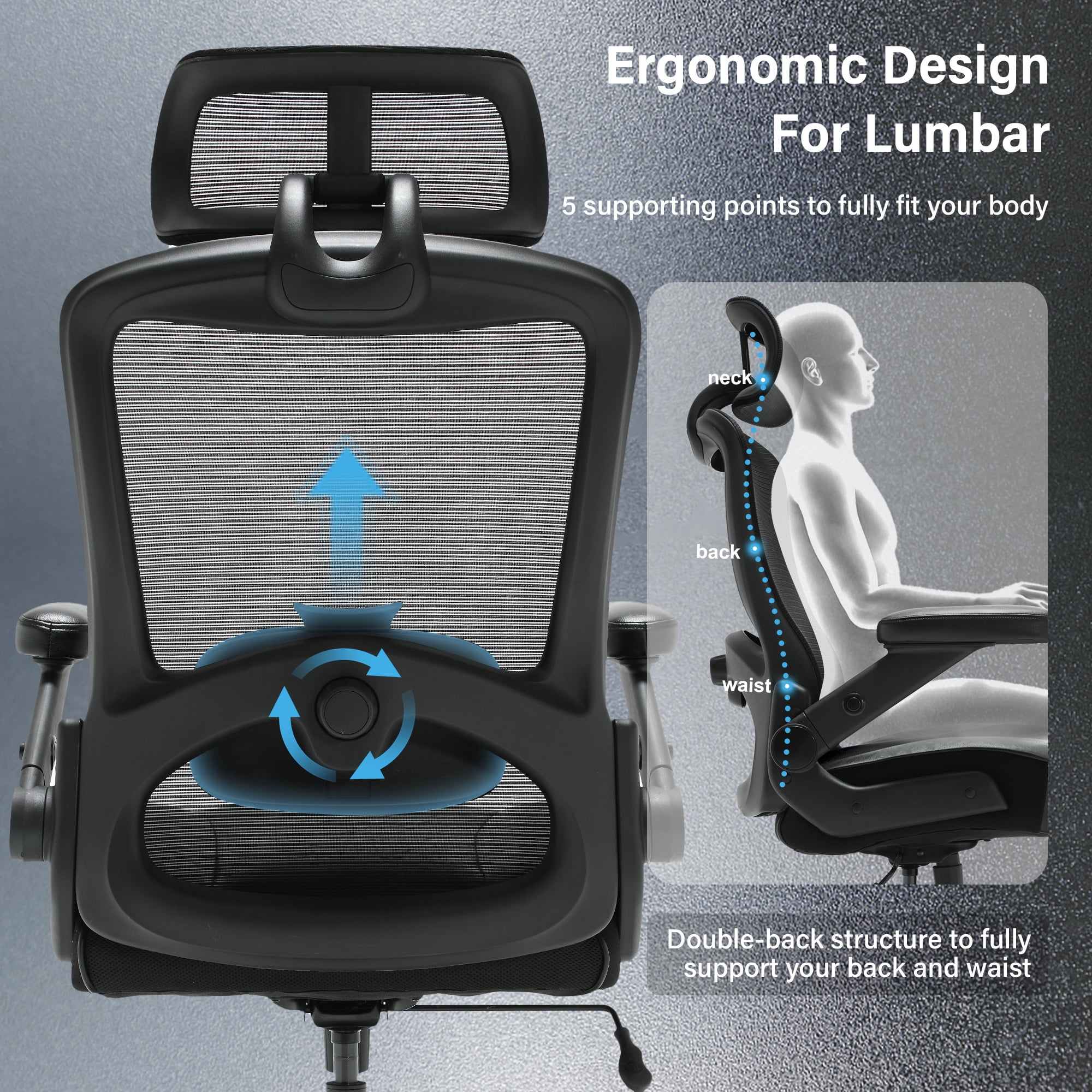 Big and Tall 600lbs Office Chair, High Back Mesh Desk Chair, Ergonomic Executive Computer Chair with Adjustable Lumbar Support Headrest 3D Flip Up Arms Heavy Duty Metal Base, Extra Wide Seat, Black