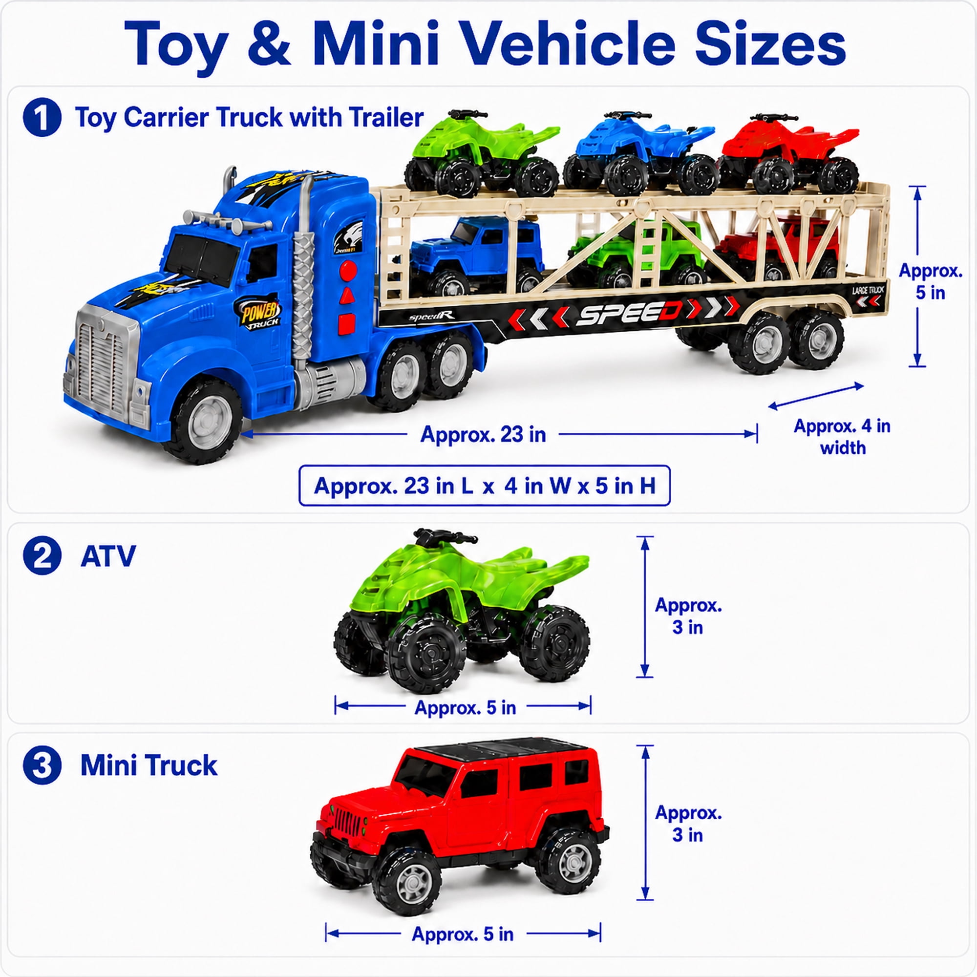 Friction Powered Toy Car Carrier Truck, 23 Inch Transport Trailer with 6 Mini Vehicles, Lights, Sounds, Opening Rear Door, Detachable Trailer