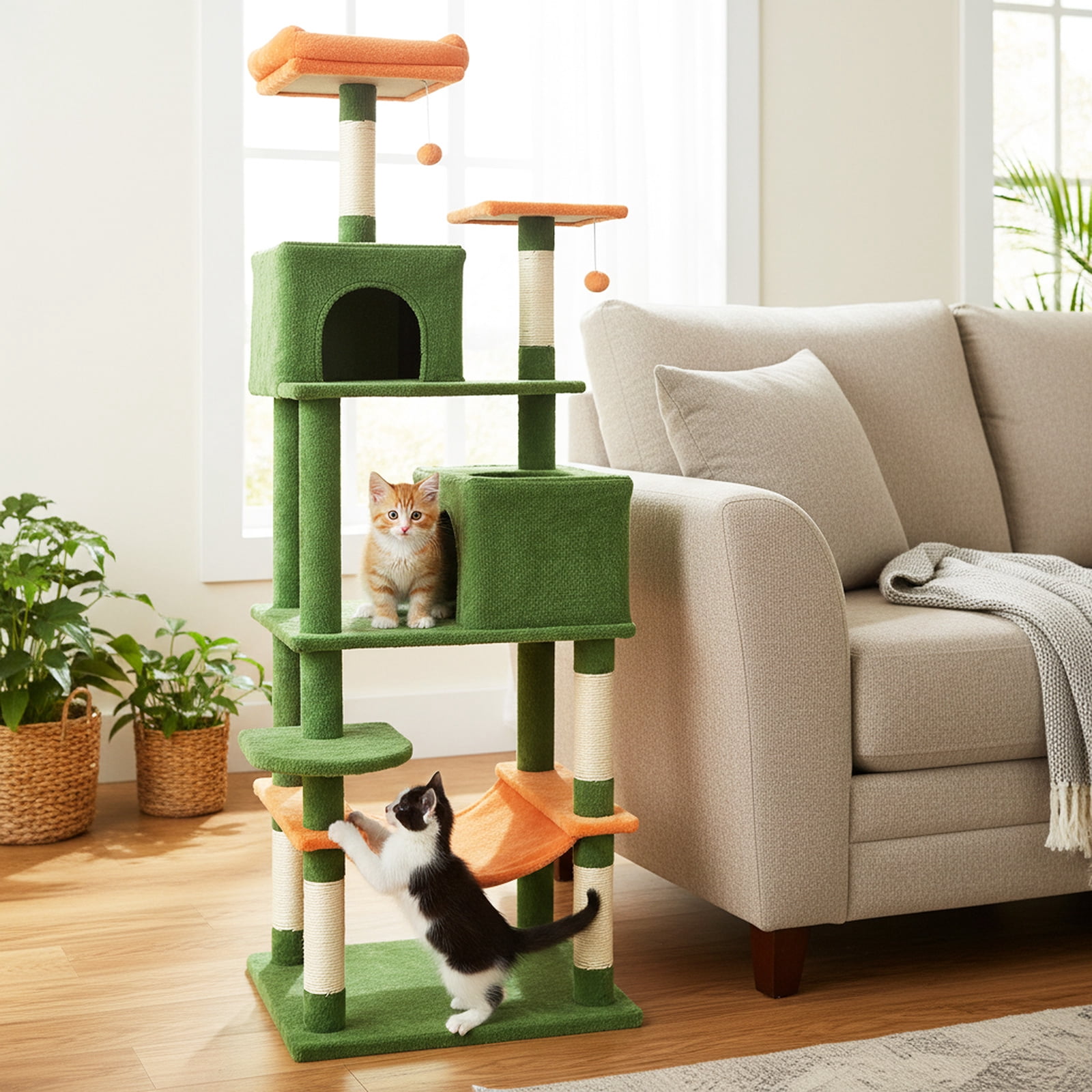 Costway 70” Cat Tree for Indoor Cats with Padded Top Perch, Dual Condos, Hammock, Platforms Green