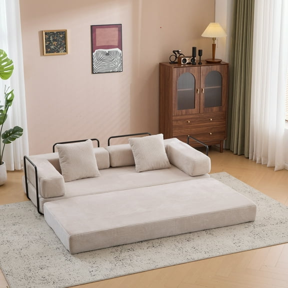 Convertible Floor Sofa Bed with Fixed-Shape Frame, Corduroy Compression Boneless Couch, Modular Foldable Floor Sleeper Sofa for Bedroom, Living Room, Beige