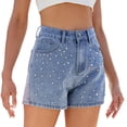 thumbnail image 3 of Women'S Washed Denim Shorts with Beaded Design Slim Fit Casual High Waist Shorts for Women Blue M, 3 of 9